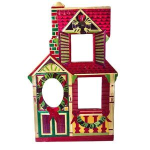 Vintage Wheat Straw Christmas House Picture Frame 1990s Holiday Folk Art Decor
